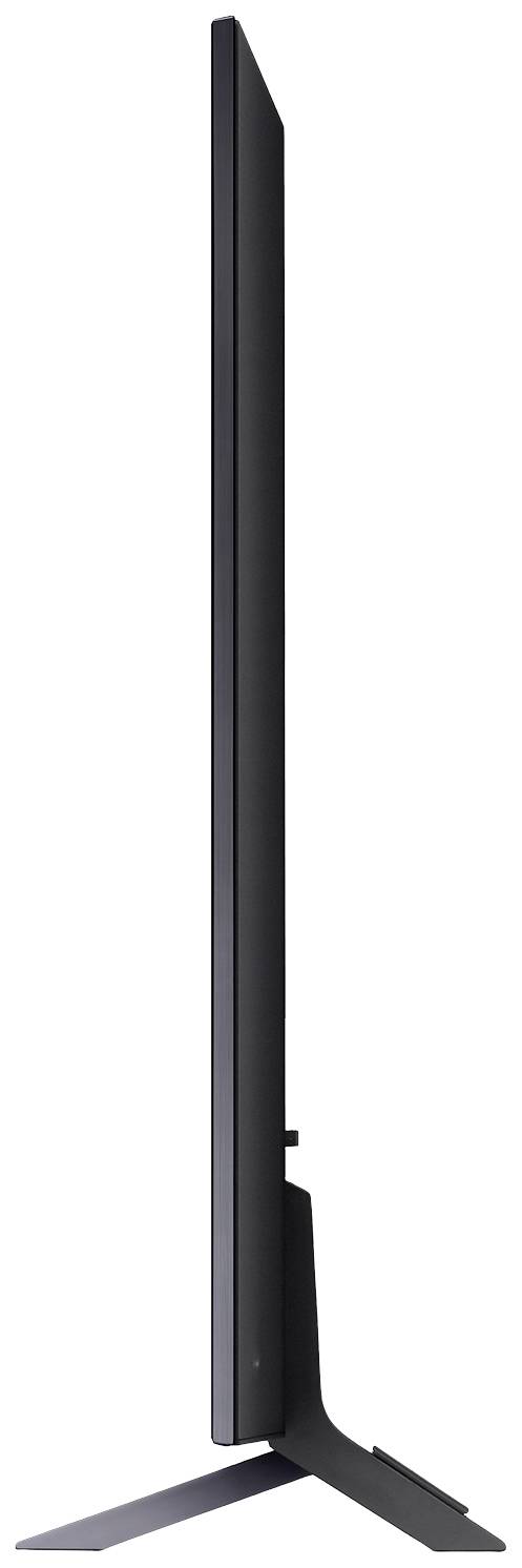 Side view of a modern, slim television with a sleek frame and narrow stand.