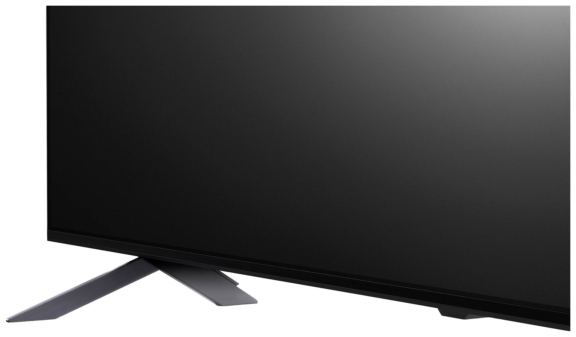 A modern flat-screen television with a black screen and elegant, slim stand feet on a white background.