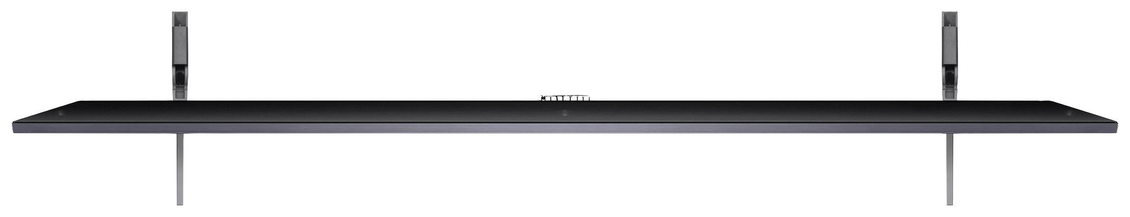 A simple, modern black wall shelf with two brackets on each side.