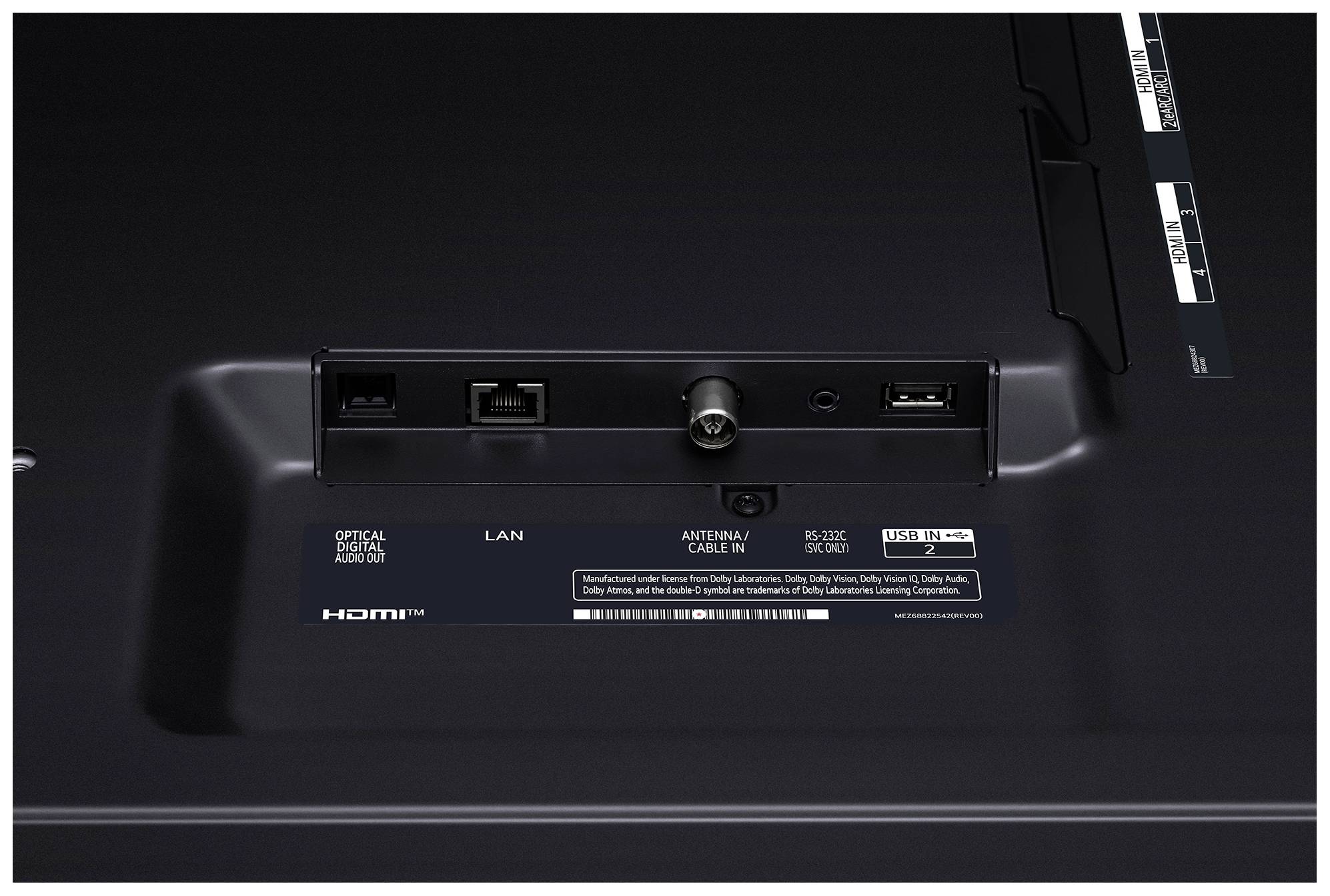 Connections on the back of a television: Network cable socket, aerial cable socket, two USB ports and an optical audio output.