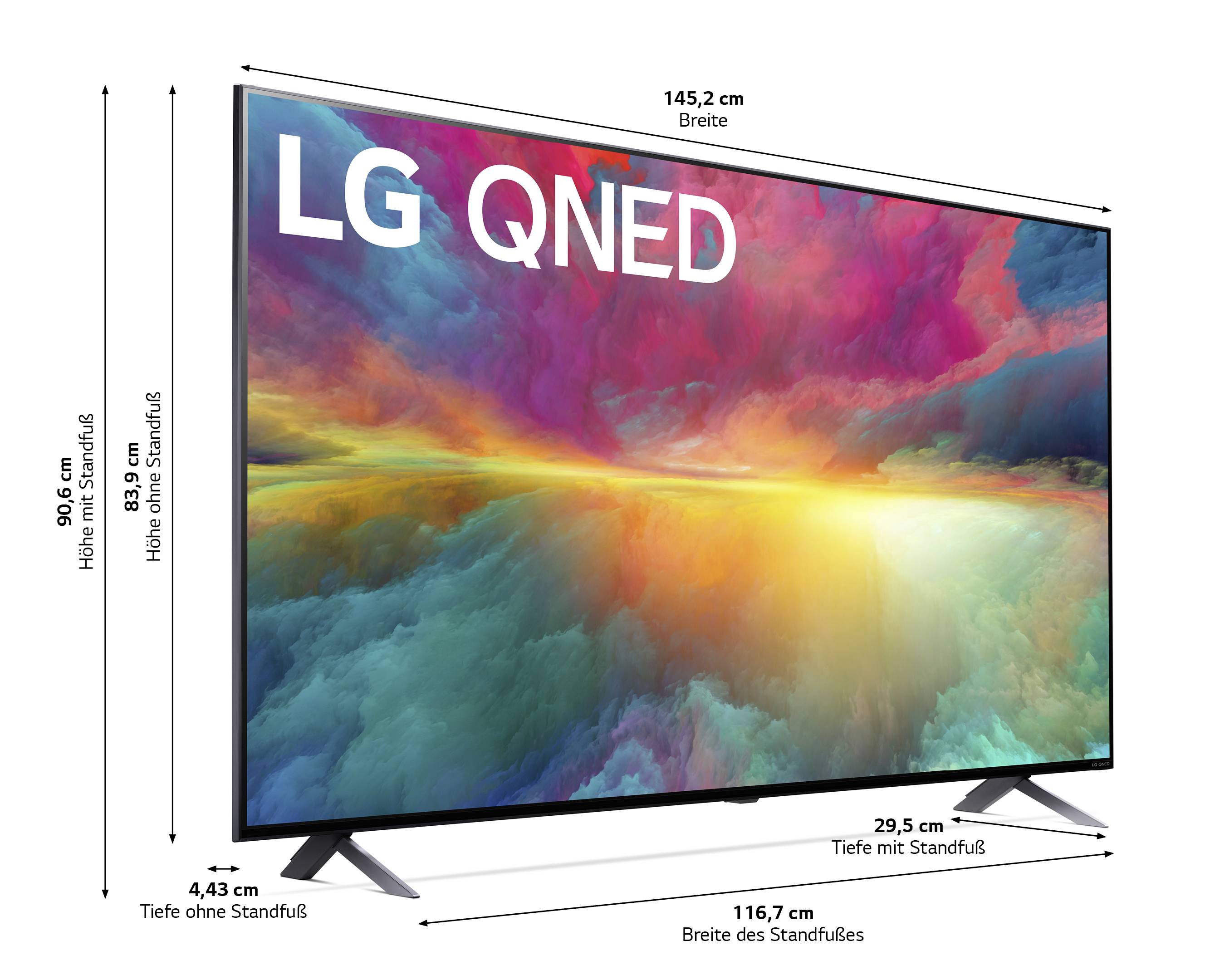 Flat-screen TV with the inscription 'LG QNED', surrounded by colourful clouds. Dimensions: 145.2 cm width, 90.6 cm height.