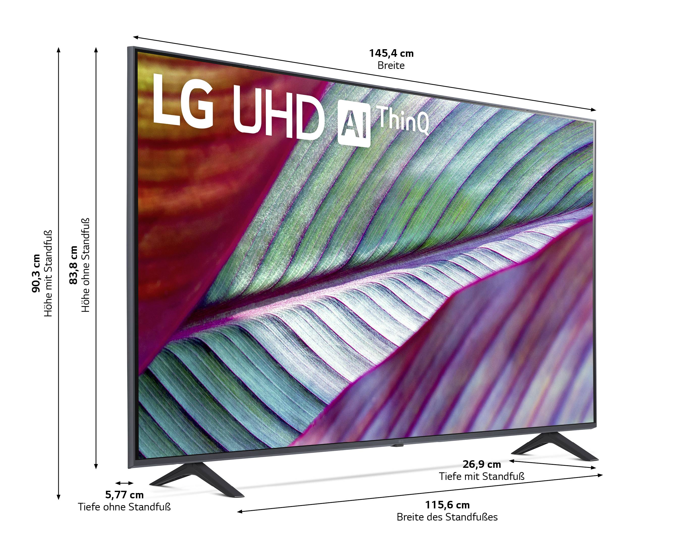 LG UHD TV with AI ThinQ, image shows dimensions: Height without stand 83.8 cm, with stand 90.3 cm; Width 145.4 cm; Depth 26.9 cm.
