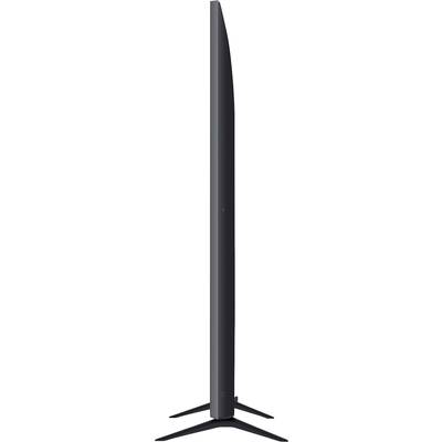 Side view of a modern flat-screen television with a sleek design and minimalist stand.