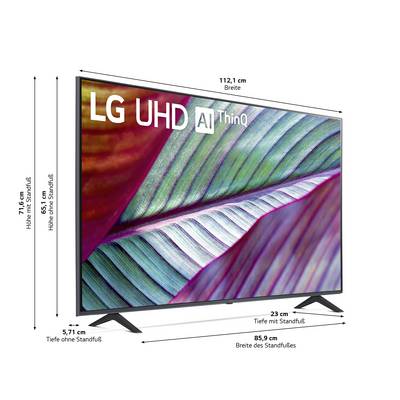 LG UHD AI ThinQ Television with Dimensions: 112.1 cm width, 71.6 cm height without stand, 23 cm depth with stand.