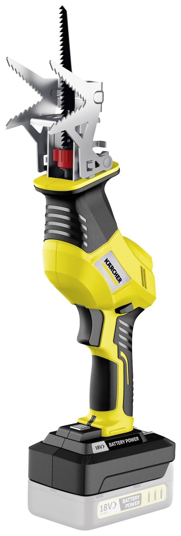 Battery-powered garden tool with yellow and black casing and saw blade, designed for cutting branches and small trees.