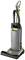 A grey-yellow vacuum cleaner with a vertical design, visible handle and hose, stands on a white background.