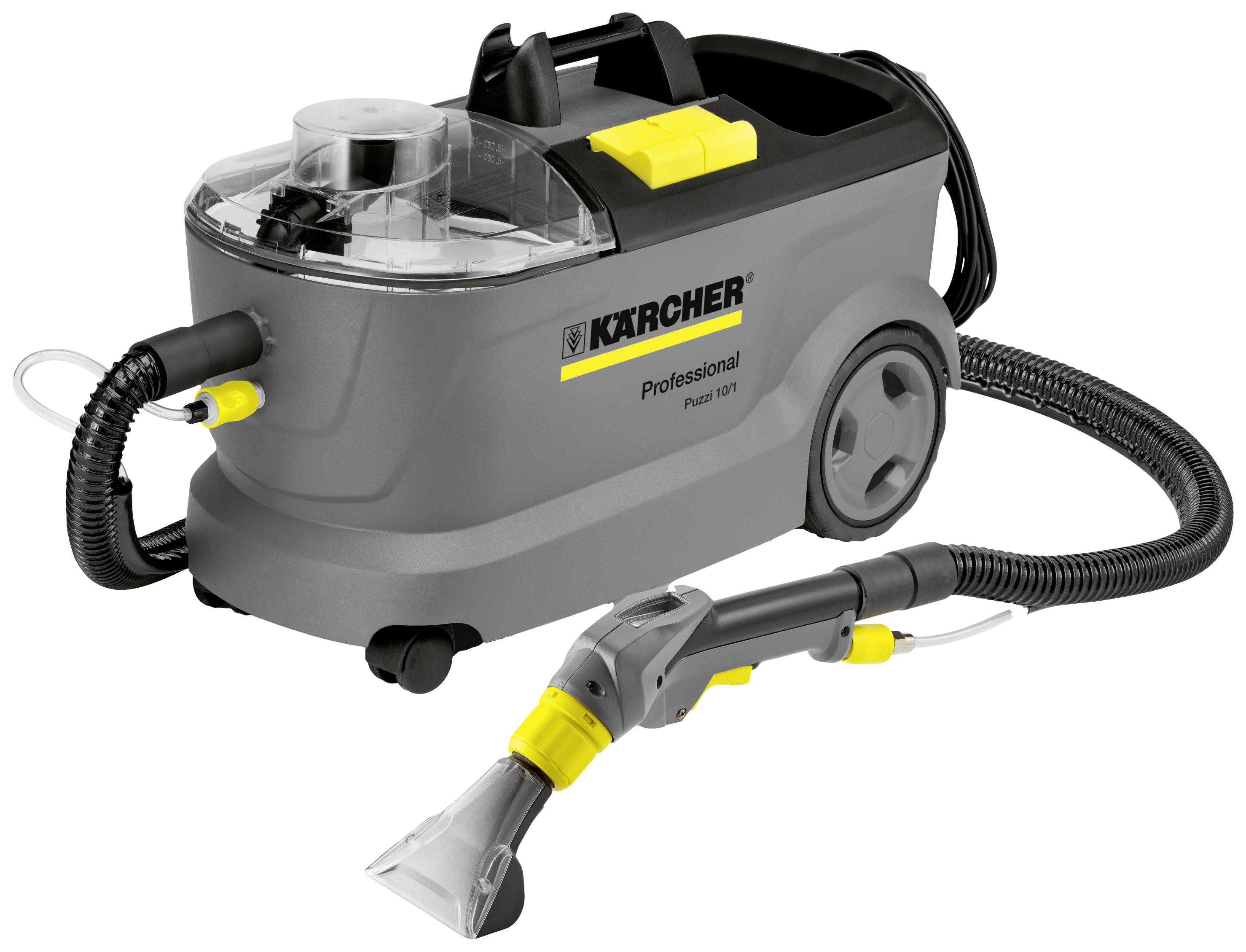 Wet/dry vacuum cleaner with a grey housing, yellow accents, and a transparent suction head. Suitable for professional cleaning tasks.