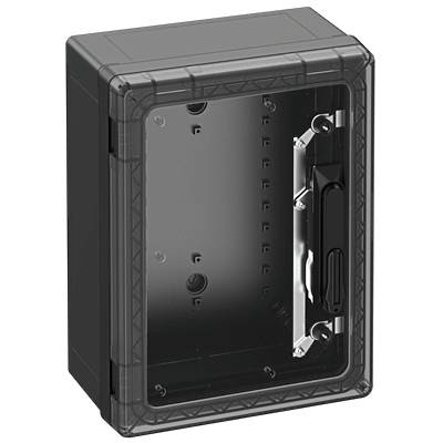 Black, rectangular electrical enclosure box with a transparent front panel and hinges, suitable for securing circuits or devices.