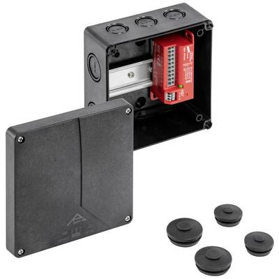 Black junction box with red module and four black blanking plugs. Suitable for cable routing and protection in electrical installations.