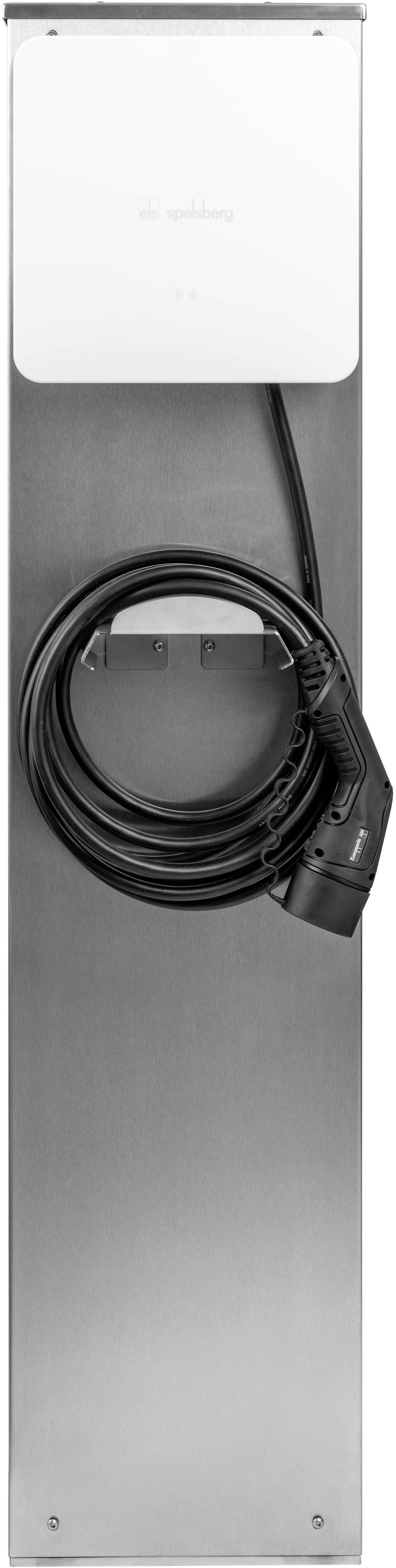 Electric charging point with a black cable and white connector, suitable for electric vehicles.