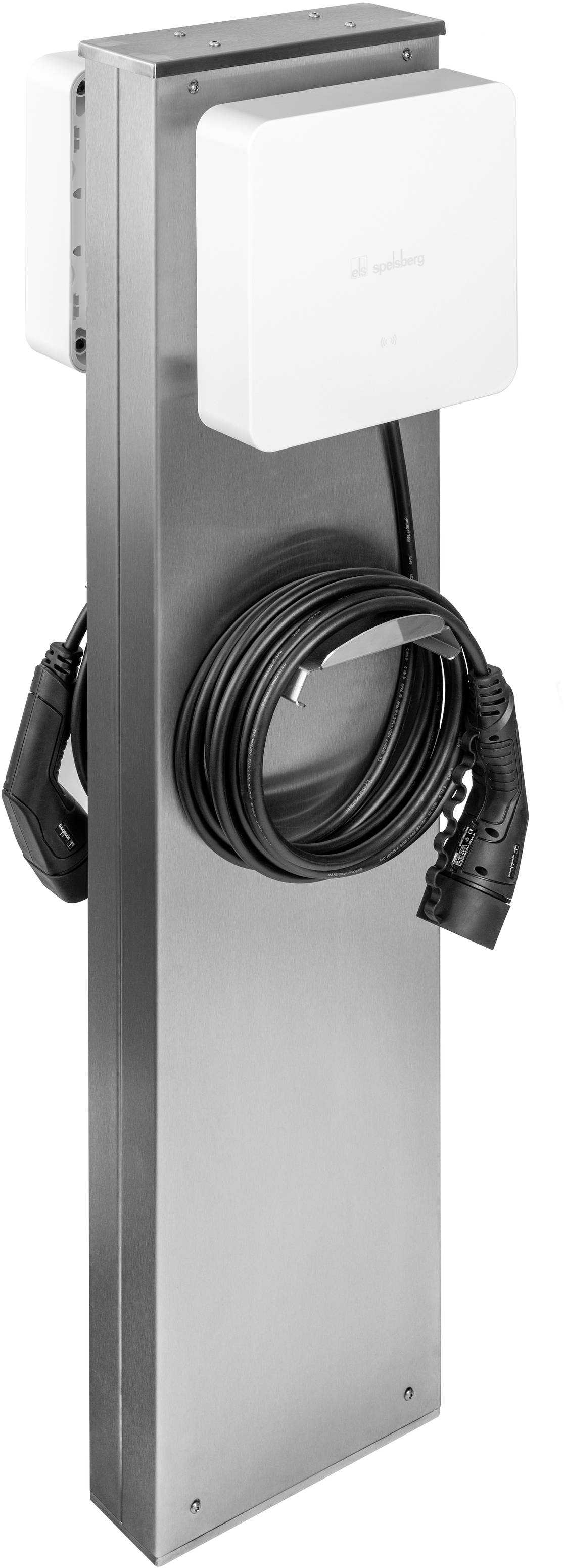 Electric vehicle charging point with a black cable wound around a metal column. White box mounted at the top.
