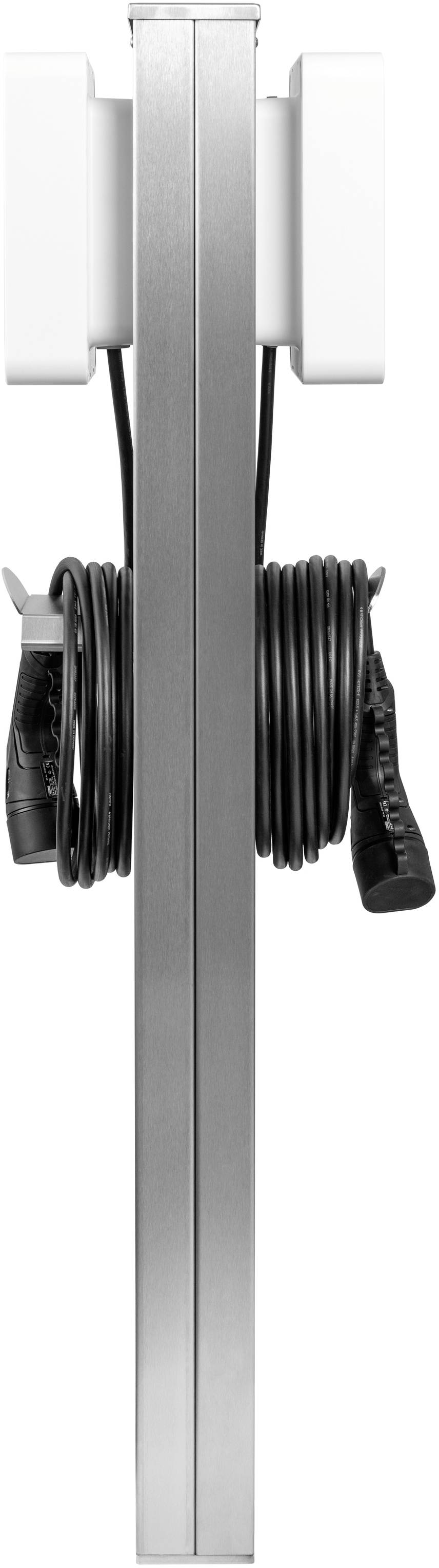 A slender, vertical device with a cable neatly coiled around its body.