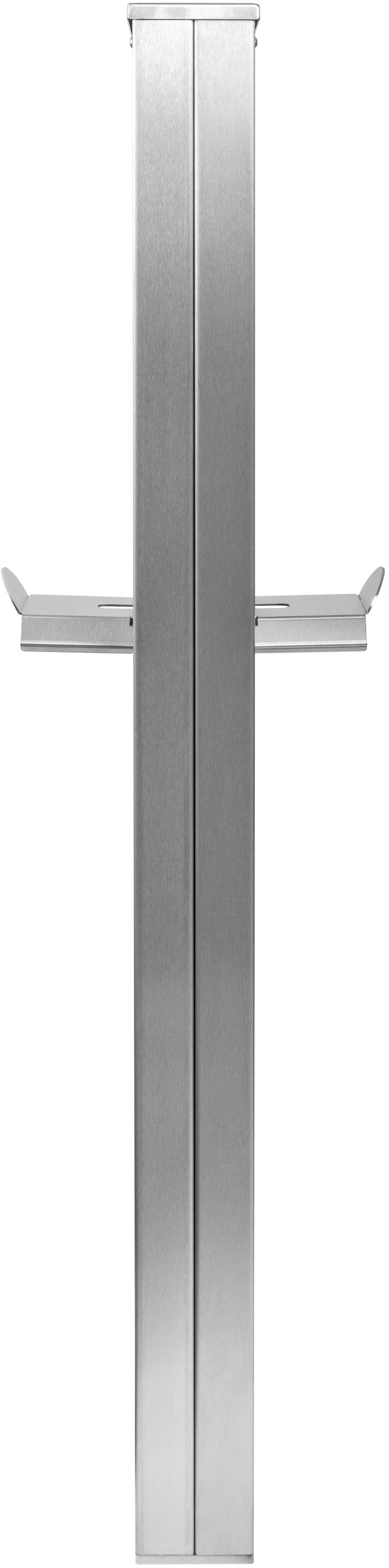 A narrow, vertical metal post with side brackets, possibly used for mounting purposes.