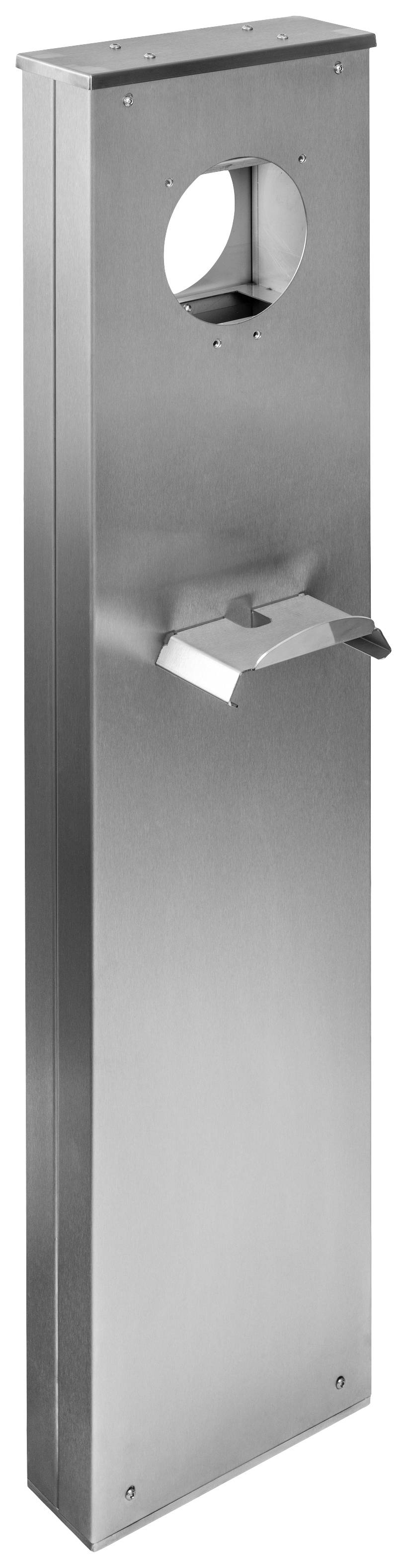 Metal box stand with a circular cutout at the top and an angled shelf underneath.