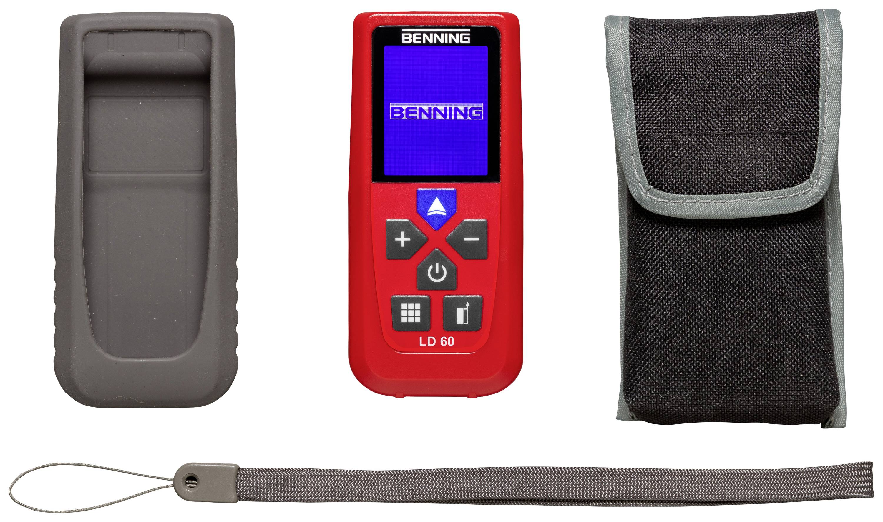 A digital distance measuring device in red with a protective case, grey rubber protective housing, and carry loop.