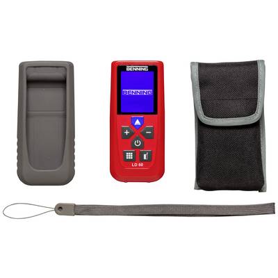 A digital distance measuring device in red with a protective case, grey rubber protective housing, and carry loop.