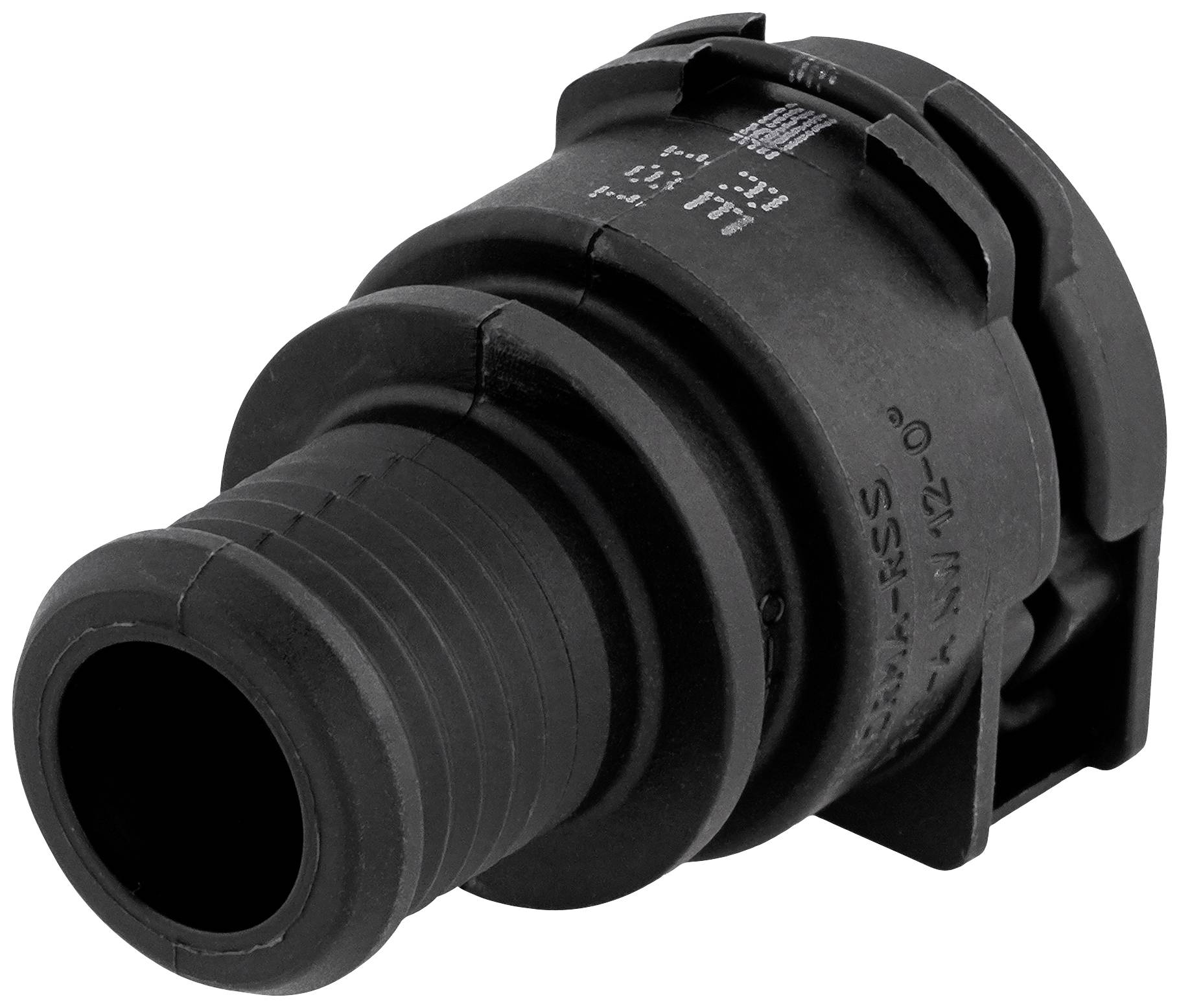 Black plastic component with a cylindrical form and ribbed surface, likely a connecting element or adapter.