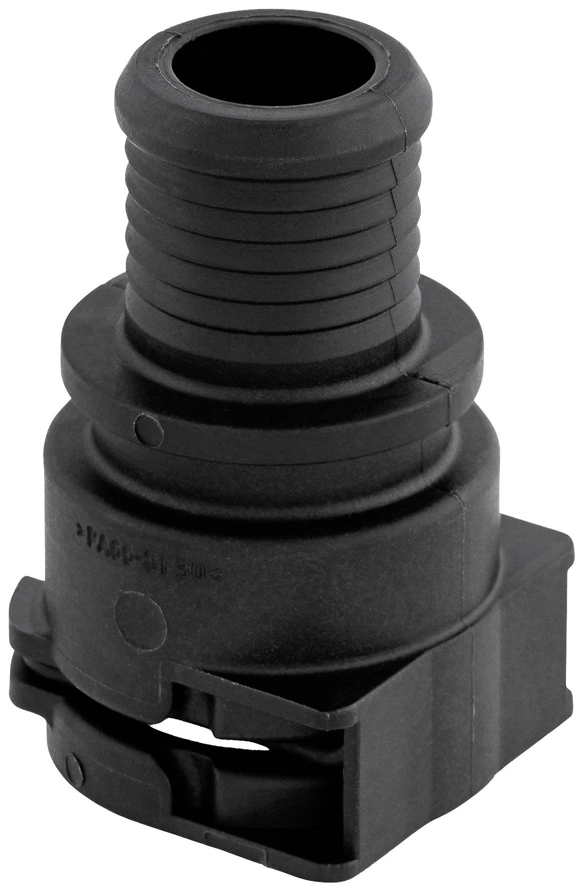 Plastic hose connector in the form of a ribbed sleeve with a securing clip. Connects hoses securely in technical applications.