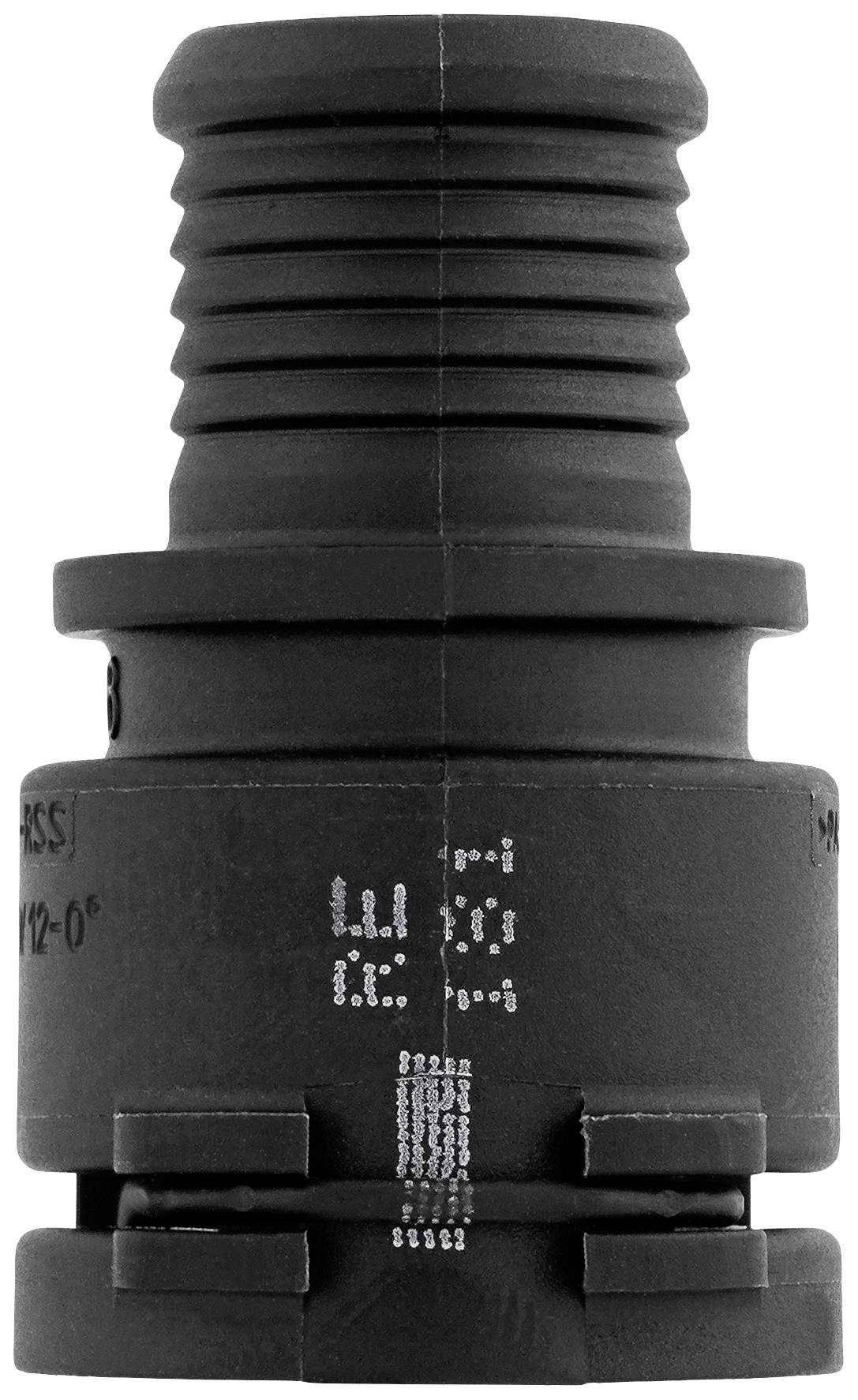 A black plastic hose connector with a ribbed connection piece, suitable for use in hydraulic or pneumatic systems.