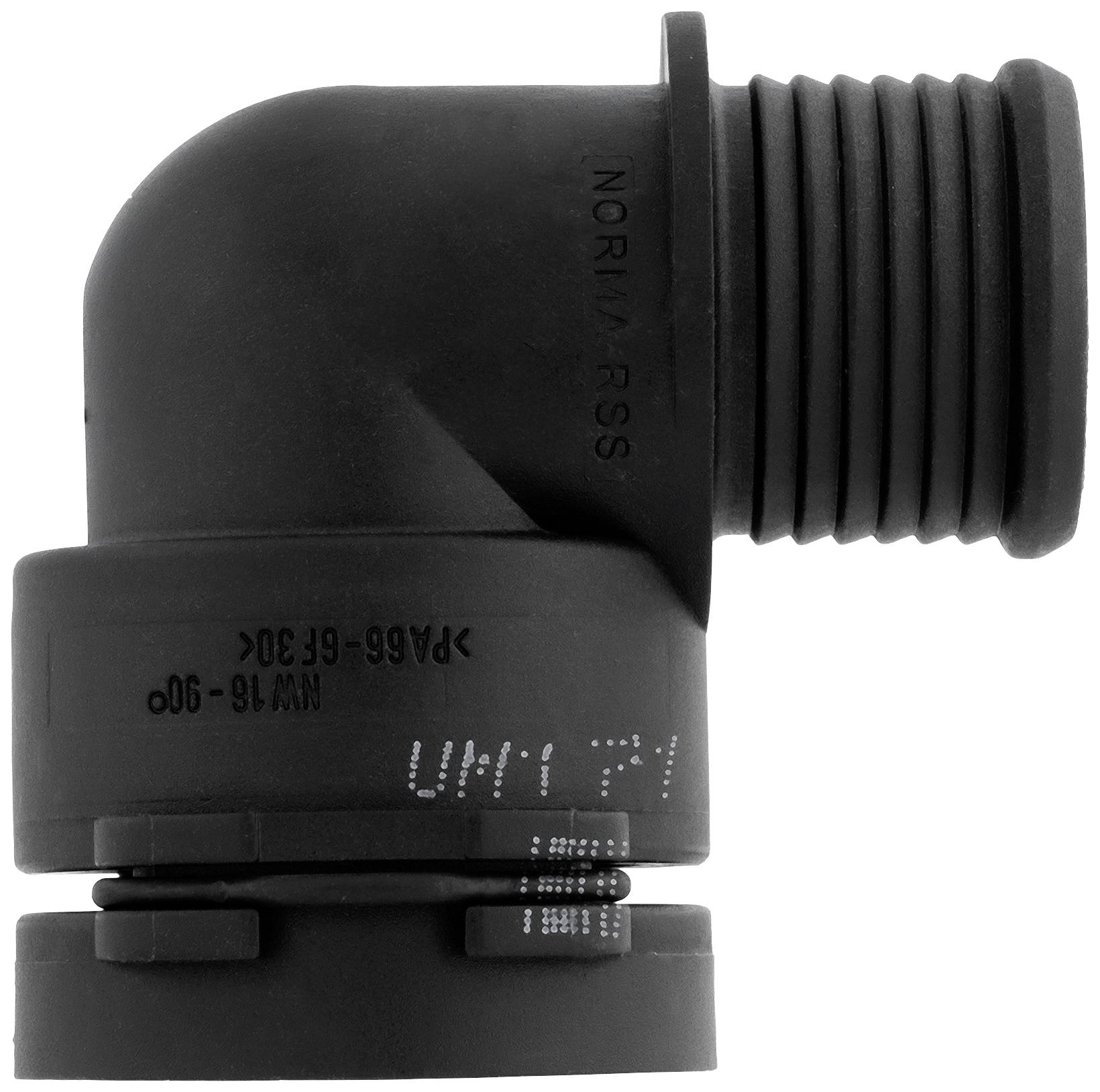 A black plastic angle adapter with thread and multiple edges, shown from the side.