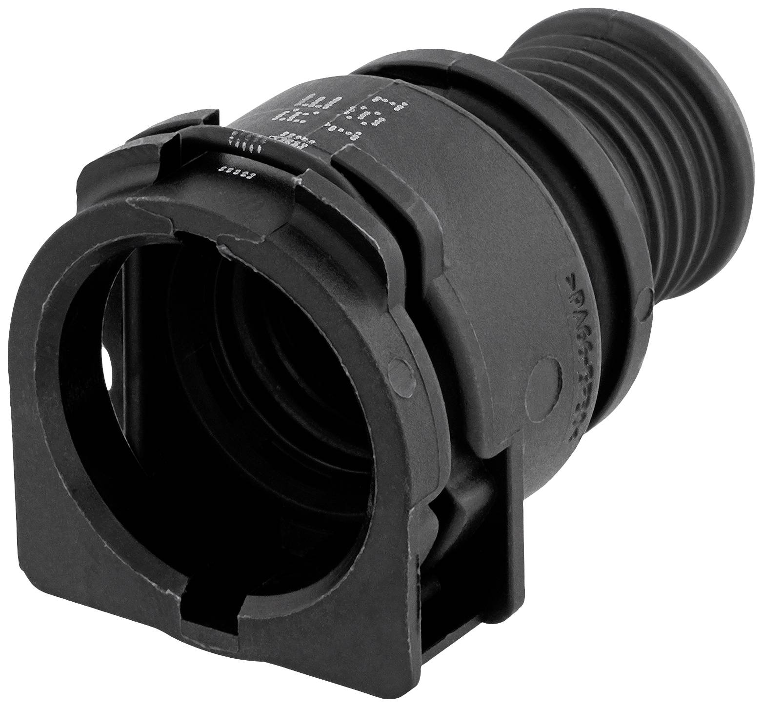 Black plastic connector, cylindrical with ribbed and smooth sections, used for pipework or hoses.