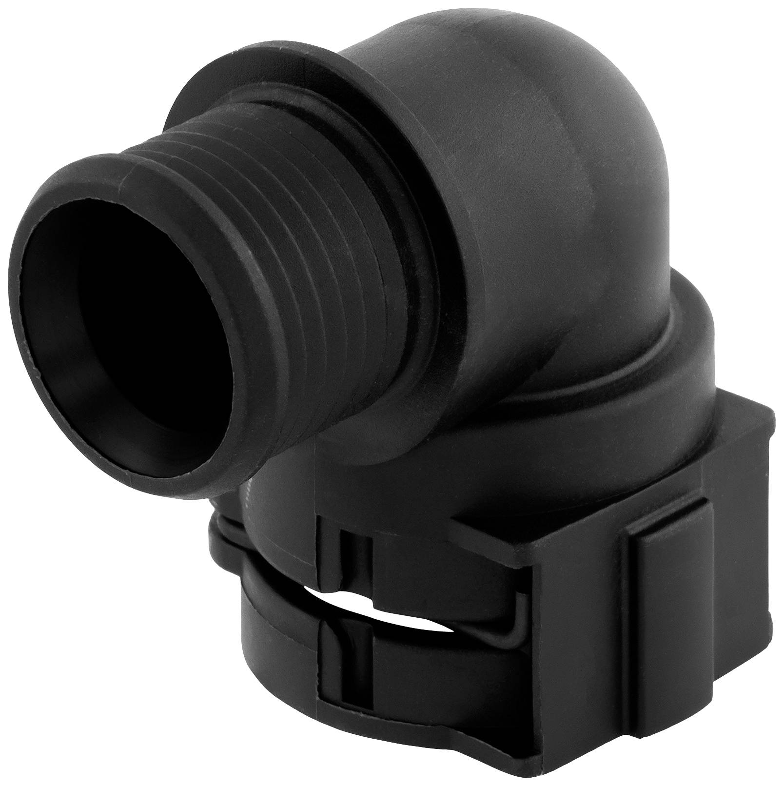 Black plastic pipe section with a 90-degree bend and thread, suitable for connection purposes in piping systems.