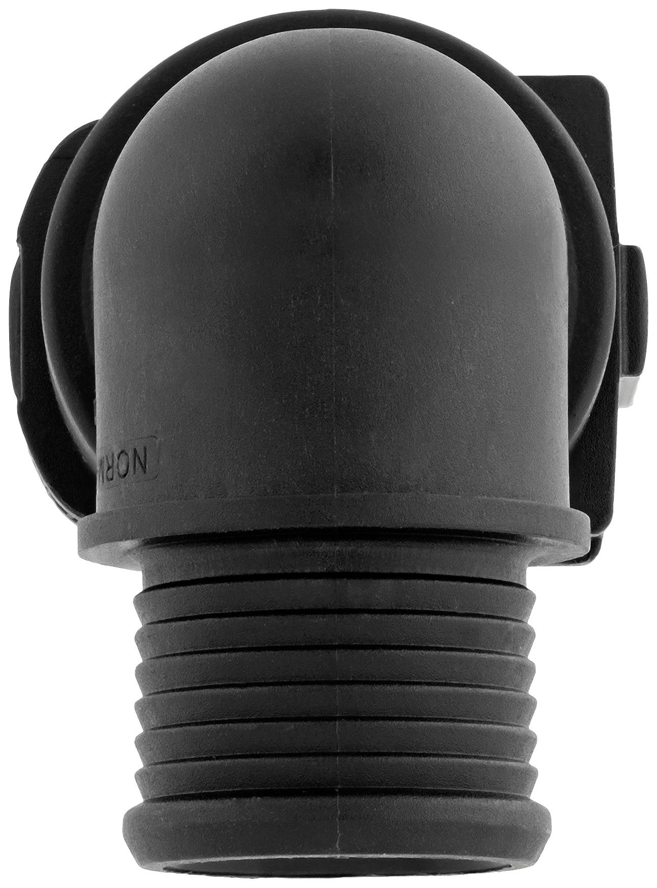 Black 90-degree plastic angle adapter for ribbed surface pipes, used in plumbing applications or hose connections.