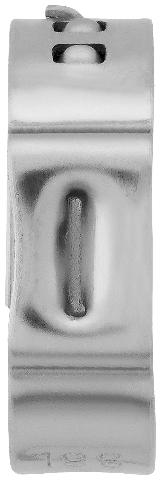 A metal buckle in silver colour, viewed from the side. Clothing accessory with a smooth surface and rectangular opening in the centre.