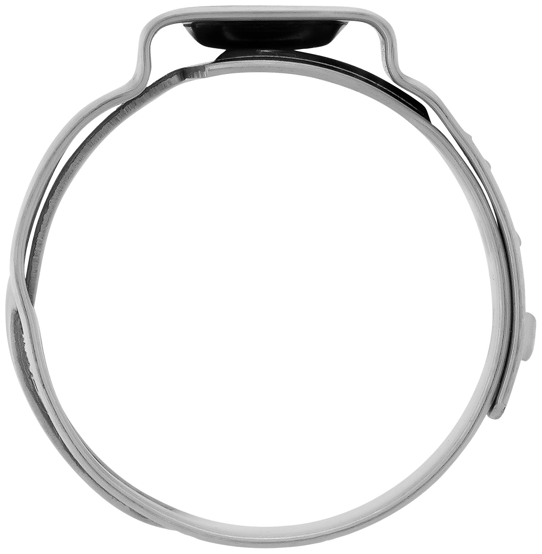 A silver metal bottle cap with a black button on top.