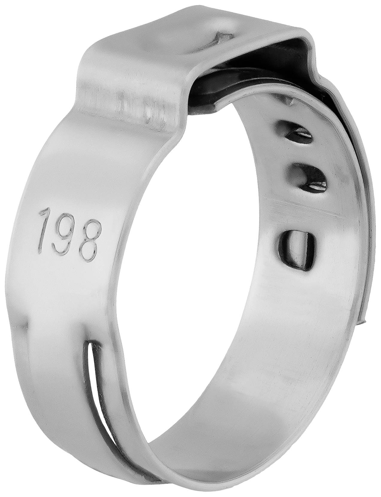 Metal ring with the engraved number '198', possibly a cable or pipe clamp component, shiny and smooth.