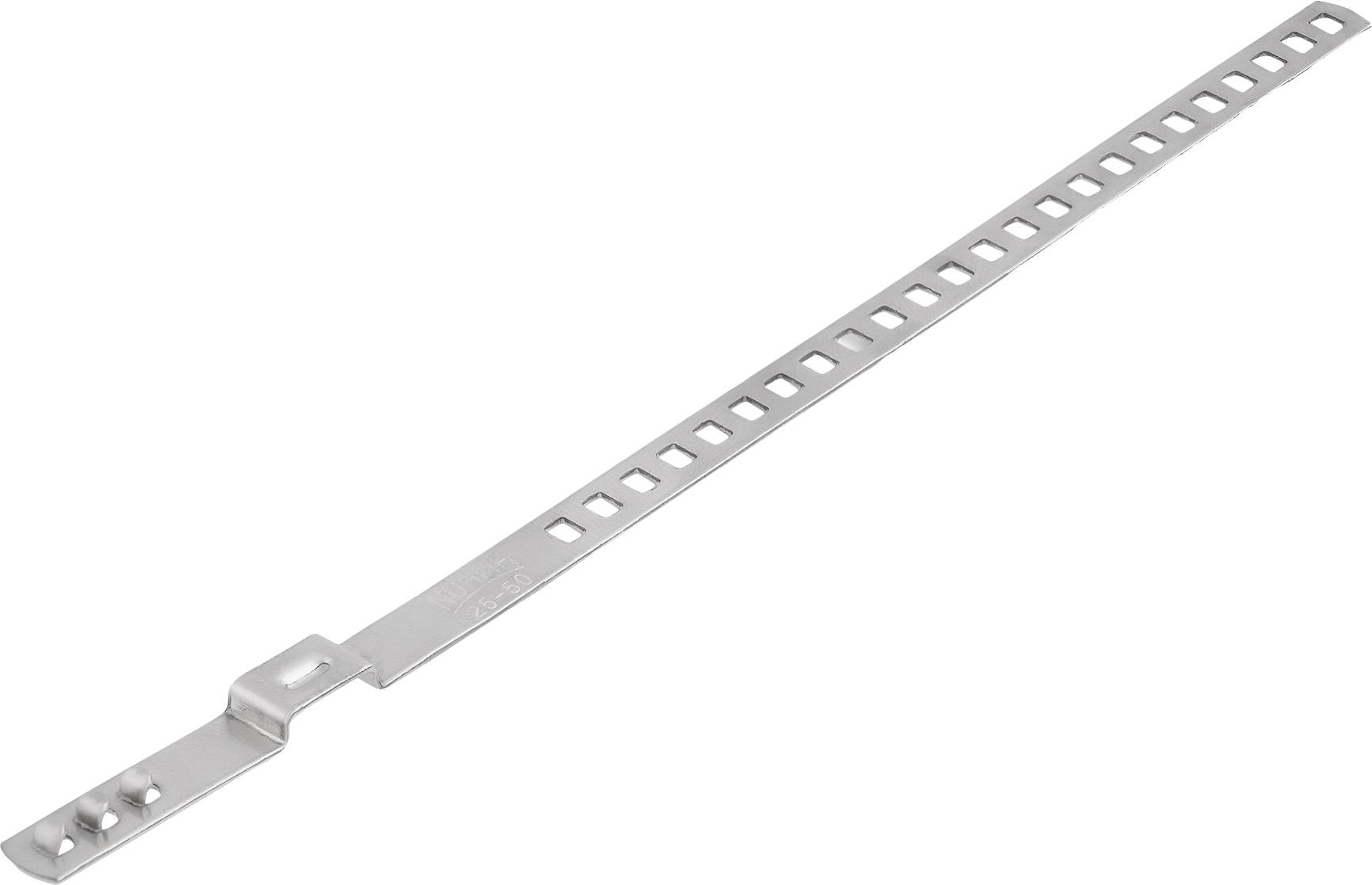 Metal strips with square holes and small fixing elements at the end, likely for securing or mounting purposes.