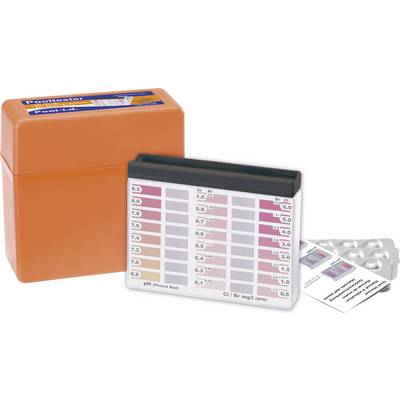 Orange box containing pool water test strips and instructions. Includes a table for pH and chlorine/bromine determination with colour comparison.