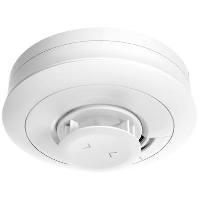 Ceiling-mounted smoke detector, white, round, with central sensor unit. Developed for early smoke detection and to enhance safety.