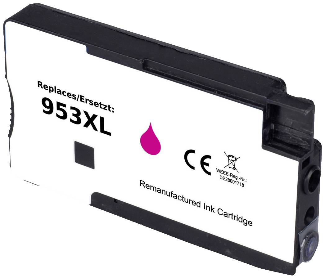 Black ink cartridge with inscription 'Replaces/Replaces: 953XL', pink droplet, Remanufactured Ink Cartridge, CE and WEEE symbols.