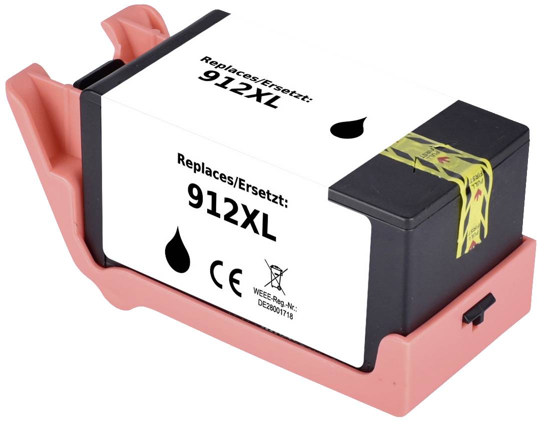 Printer cartridge with the inscription 'Replaces/Replaces: 912XL', black ink droplet symbol, CE marking and warning notices.