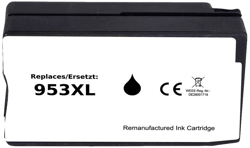 Black ink cartridge with 'Replaces 953XL' printed on it, ink symbol, CE mark and text 'Remanufactured Ink Cartridge'.