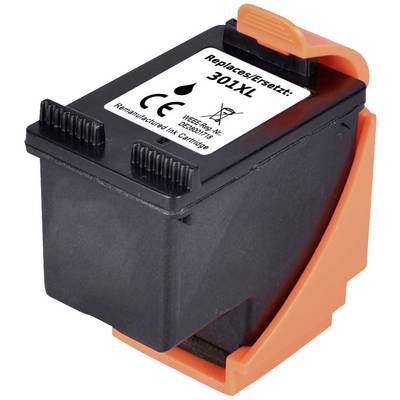 Printer cartridge, black, Model '301XL', with orange protective cover, showing replacement option and compatibility certification.