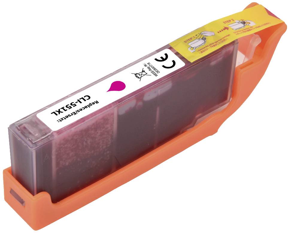 A red ink cartridge, packaged in an orange holder. It is suitable for Canon printers.