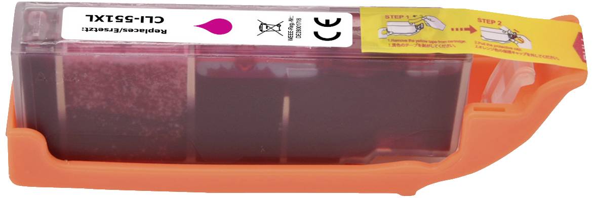 An ink cartridge with the inscription 'CLI-551XL' in an orange housing. A label shows diagrams for correct insertion.