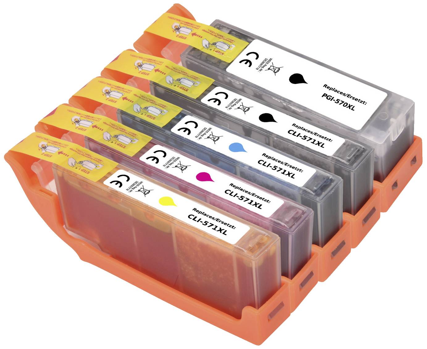 Five printer cartridges in a holder, sorted by colours: Black, Yellow, Magenta, Cyan and Black.