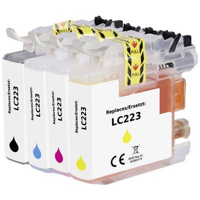 Four ink cartridges in Black, Cyan, Magenta and Yellow, labelled with 'Replaces/Ersetzt: LC223', with CE marking.