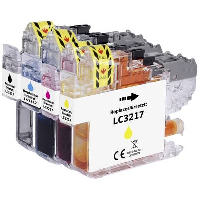 Four coloured ink cartridges (black, cyan, magenta, yellow) with the inscription 'Replaces/Replaces: LC3217', arranged side by side.