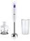 A hand blender set comprising a white hand blender with a blue button, a mixing jug, and a chopper attachment.
