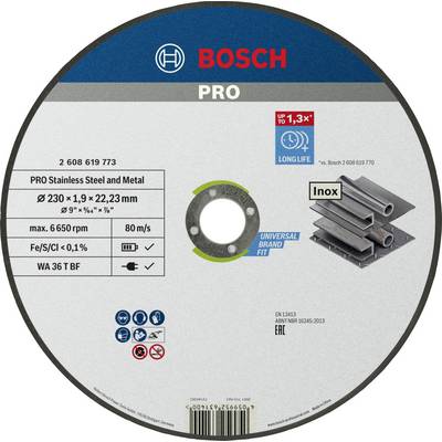 Bosch grinding disc for stainless steel and metal. Diameter 230 mm, thickness 1.9 mm. High speed up to 6500 RPM.