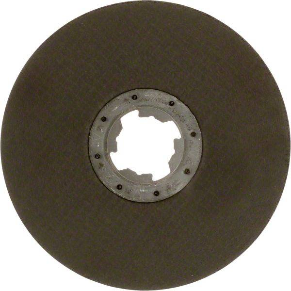 A black grinding wheel with a silver centre, used for grinding or polishing materials.