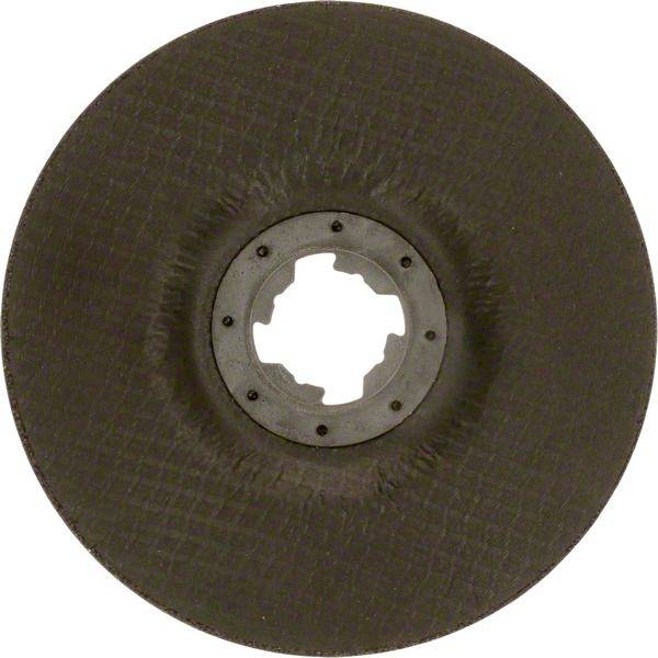 Close-up of a round grinding disc with a toothed opening in the centre, suitable for cutting or grinding work.