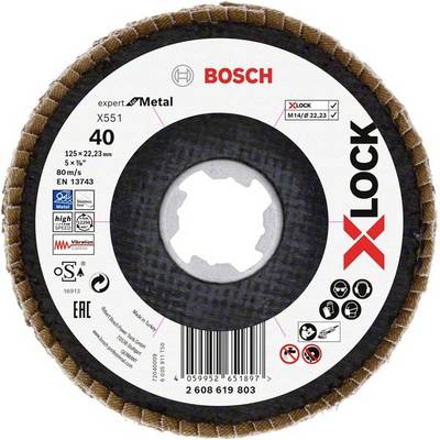 'X-LOCK' grinding disc for metal by Bosch; Type X551, Grit 40, Size 125 x 22.23 mm; Speed limit: 80 m/s.