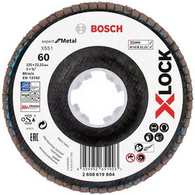 Bosch flap disc with X-LOCK system, suitable for metal grinding work, 60 grit, 125 mm diameter, maximum speed of 80 m/s.
