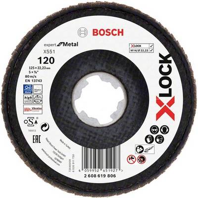'Grinding Disc: BOSCH X-Lock for Metal, 125x22.23 mm, Grit 120, Maximum Speed 80 m/s. CE and EN Certified.'