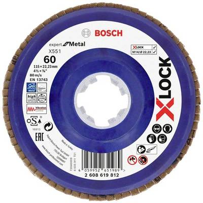Bosch X-LOCK Flap Disc with Metal Symbol, Model X551. Diameter 115 mm, Grit 60, max. 80 m/s, Compatibility Notes.